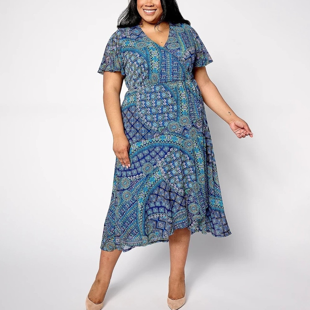 Susan Graver Petite Mesh Flutter Sleeve Faux Wrap Dress Aqua Lilac 4X NEW